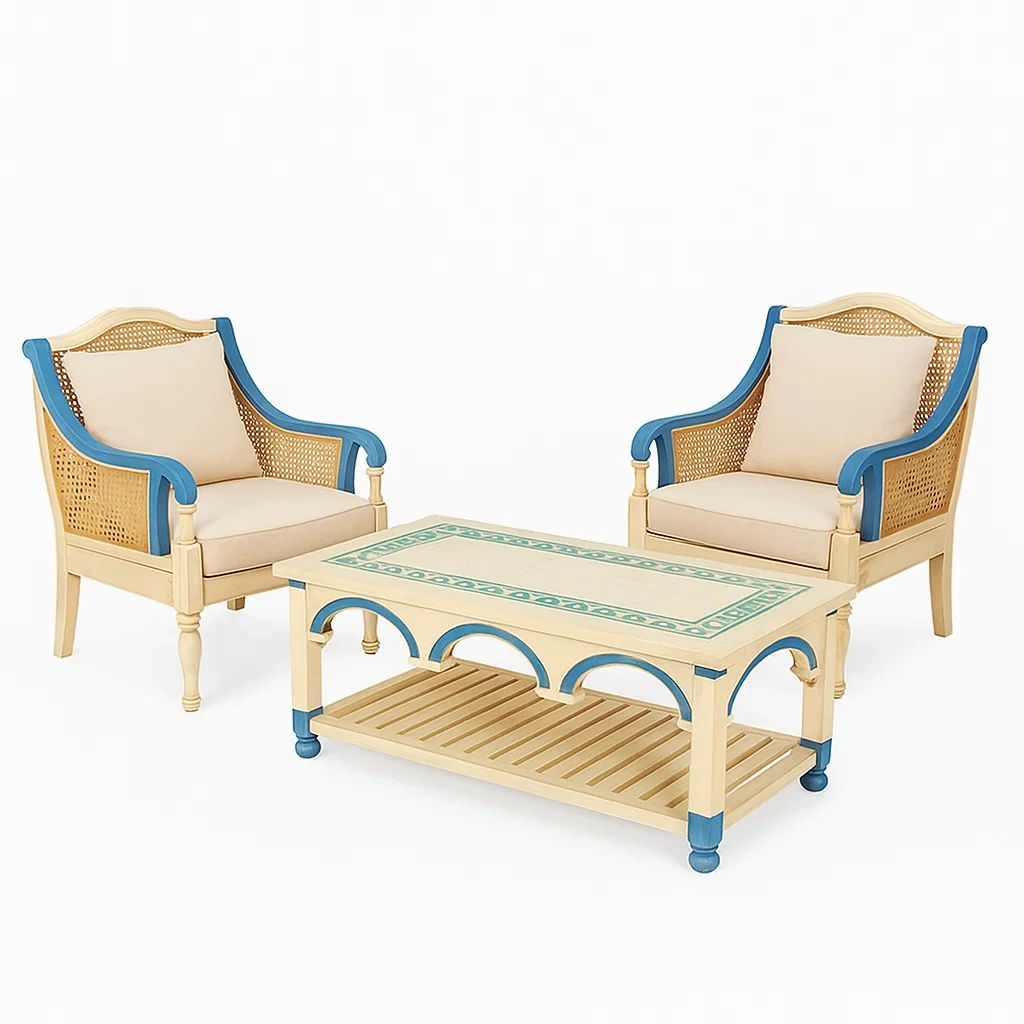 Conjunto de sofás Madera con sillones de ratán y mesa de centro