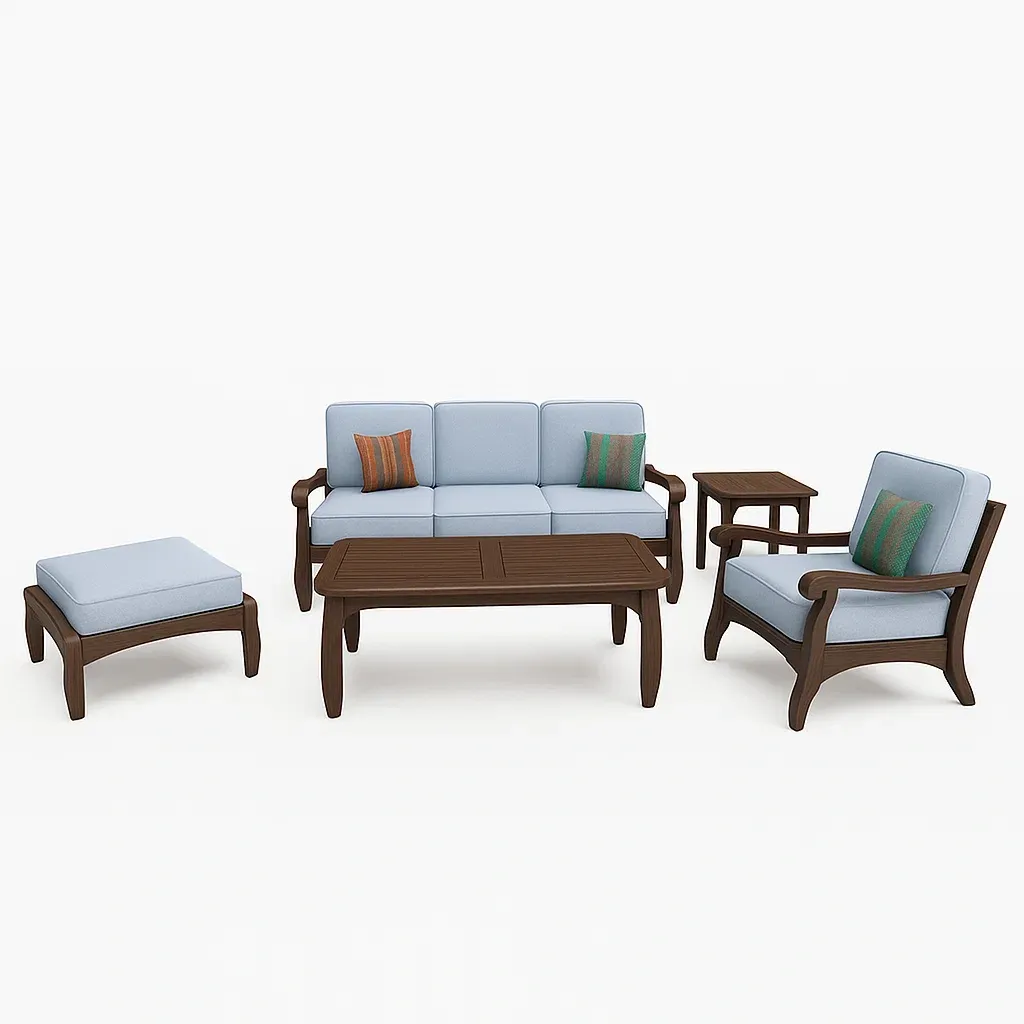 Conjunto lounge de jardín Madera con cojines de tela azul