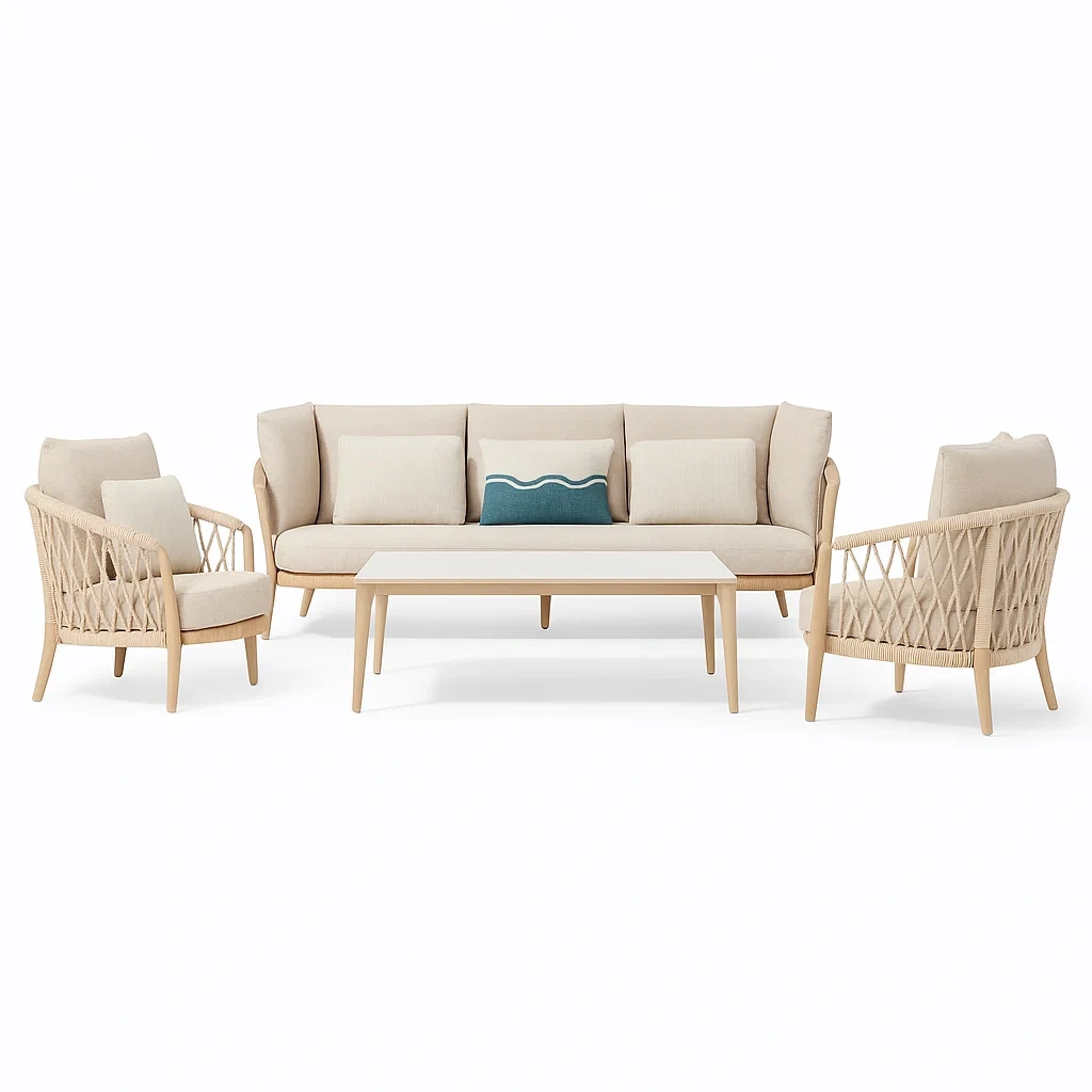Conjunto lounge de jardín Sofá y sillones de madera y tela beige