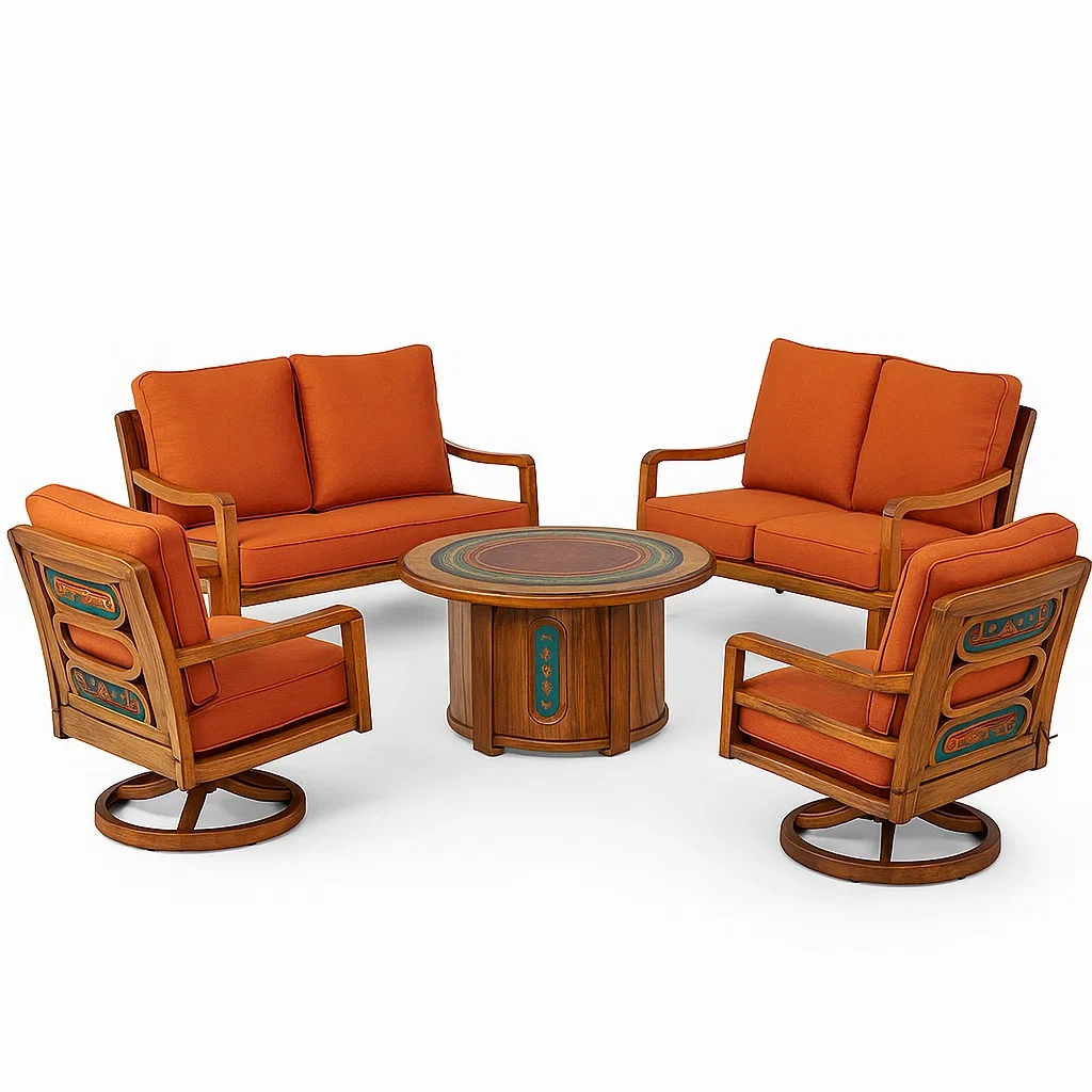 Conjunto lounge de jardín Sofás de madera con cojines naranja y mesa redonda