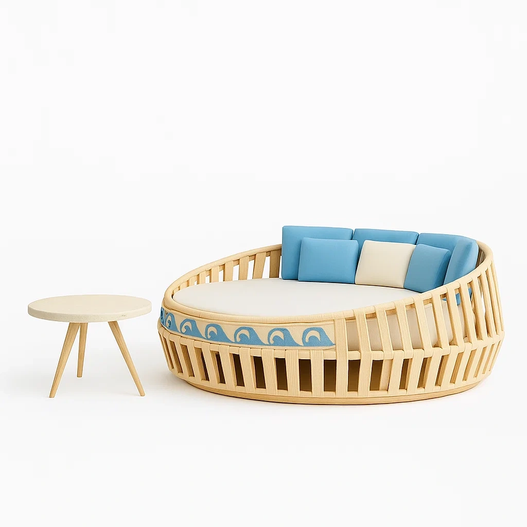 Conjunto lounge de jardín Ratán sintético beige y azul con cojines desmontables