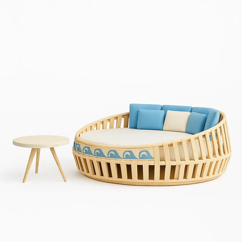 Conjunto lounge de jardín Ratán sintético beige y azul con cojines desmontables