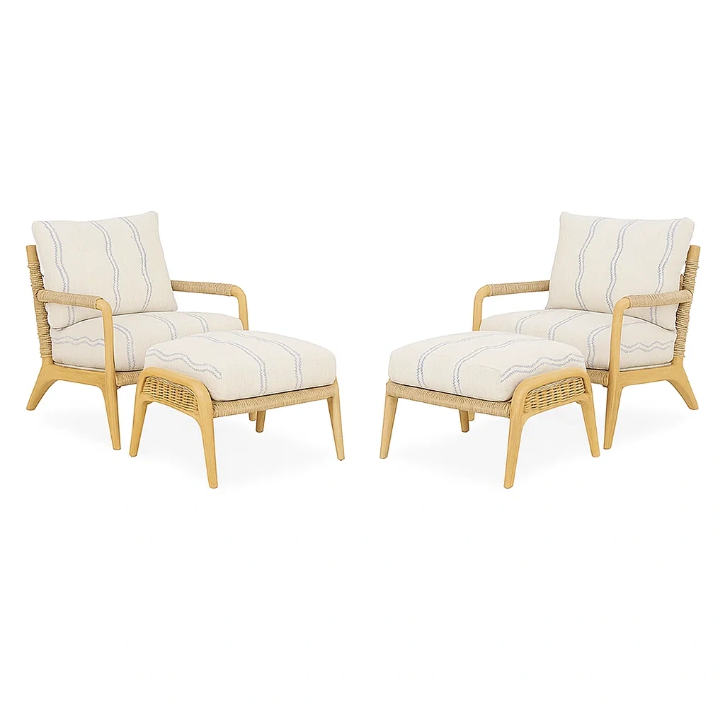 Conjunto lounge de jardín Sillas de exterior con reposapiés en ratán y tela crema