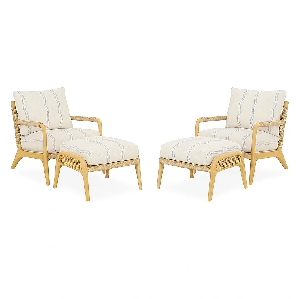 Conjunto lounge de jardín Sillas de exterior con reposapiés en ratán y tela crema