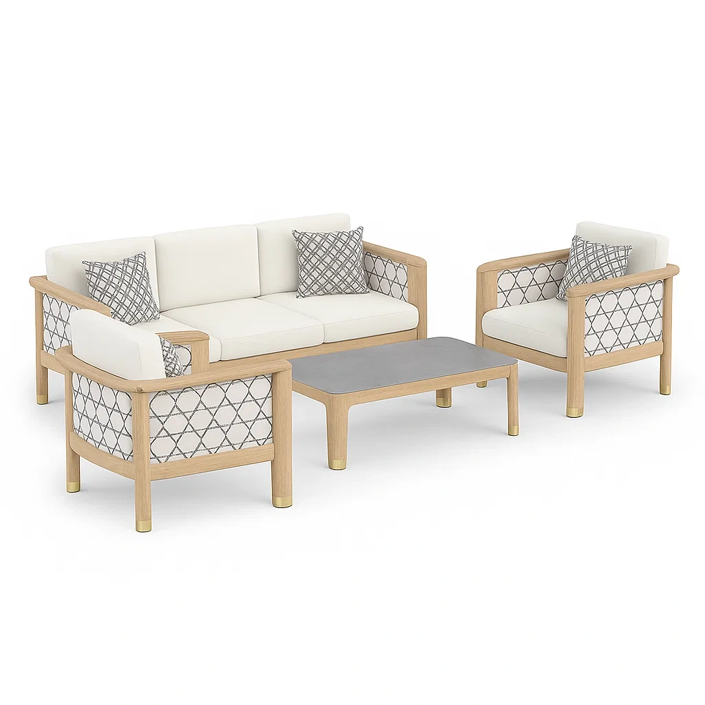 Conjunto de sofás Sofás de madera y tapicería de poliéster blanco/gris con mesa