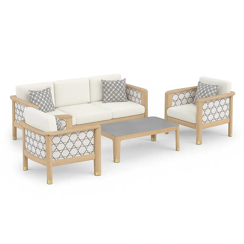 Conjunto de sofás Sofás de madera y tapicería de poliéster blanco/gris con mesa