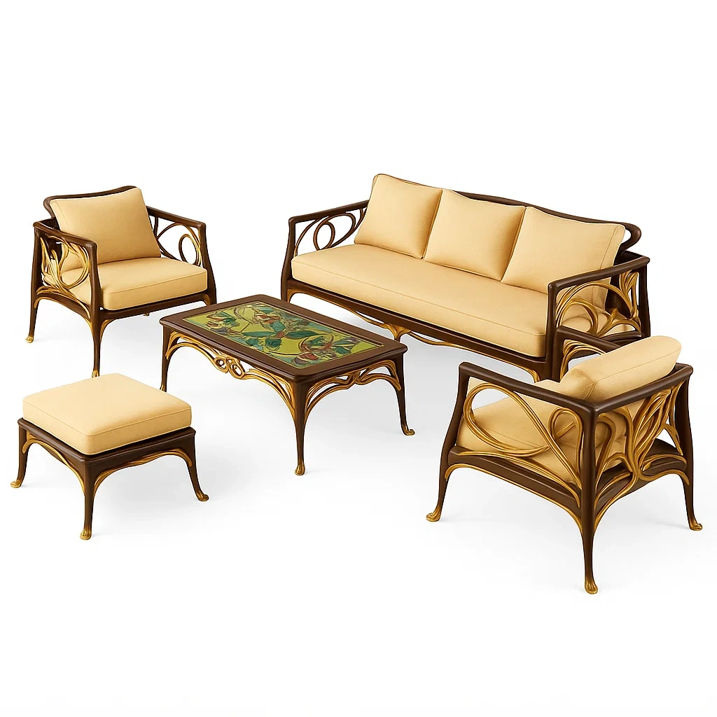 Conjunto de sofás Muebles de madera marrón/beige con sofá 3 plazas, sillones, mesa y reposapiés