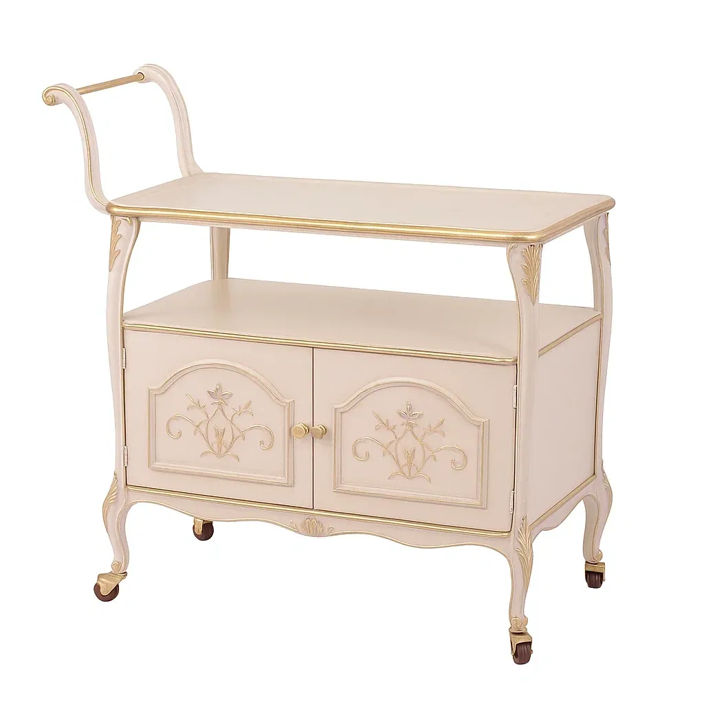 Carrito de servicio Madera y metal beige con detalles dorados 80 cm x 40 cm x 85 cm