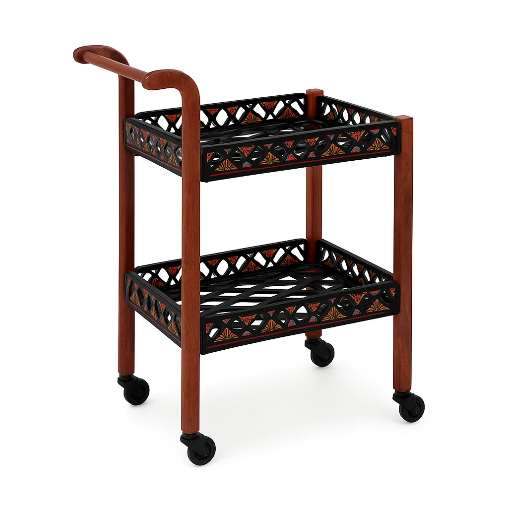 Carrito auxiliar de dos niveles en madera y metal con diseño decorativo