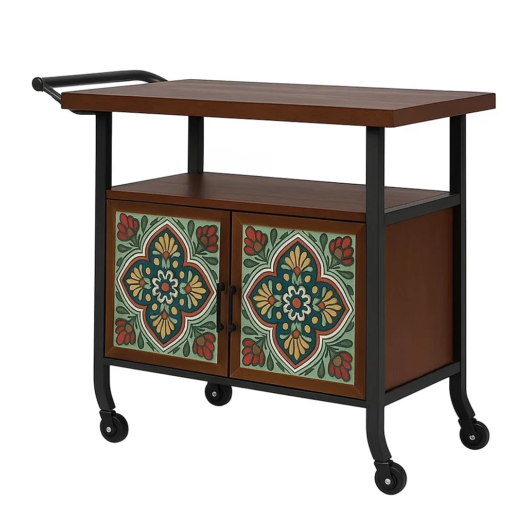 Carrito de servicio Metal y MDF con puertas decoradas 80x40x90 cm