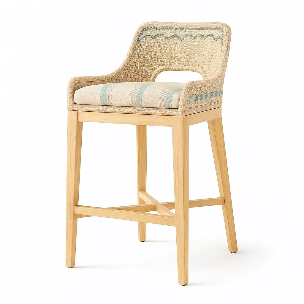 Taburete de bar Alto de madera con respaldo tejido y asiento acolchado beige