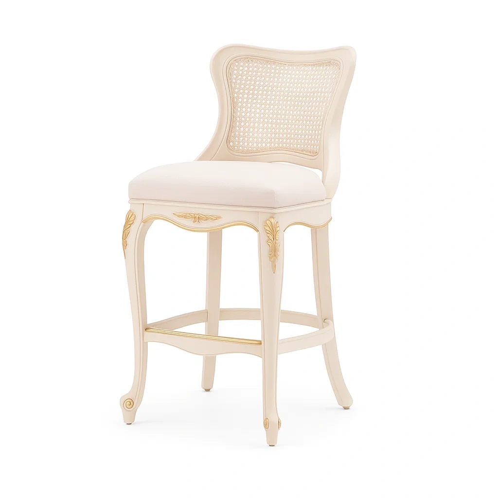 Taburete de bar Silla alta de madera crema con respaldo de ratán