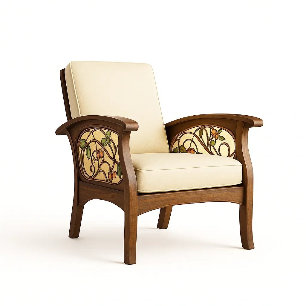 Sillón lounge Madera con tapizado crema y detalles decorativos