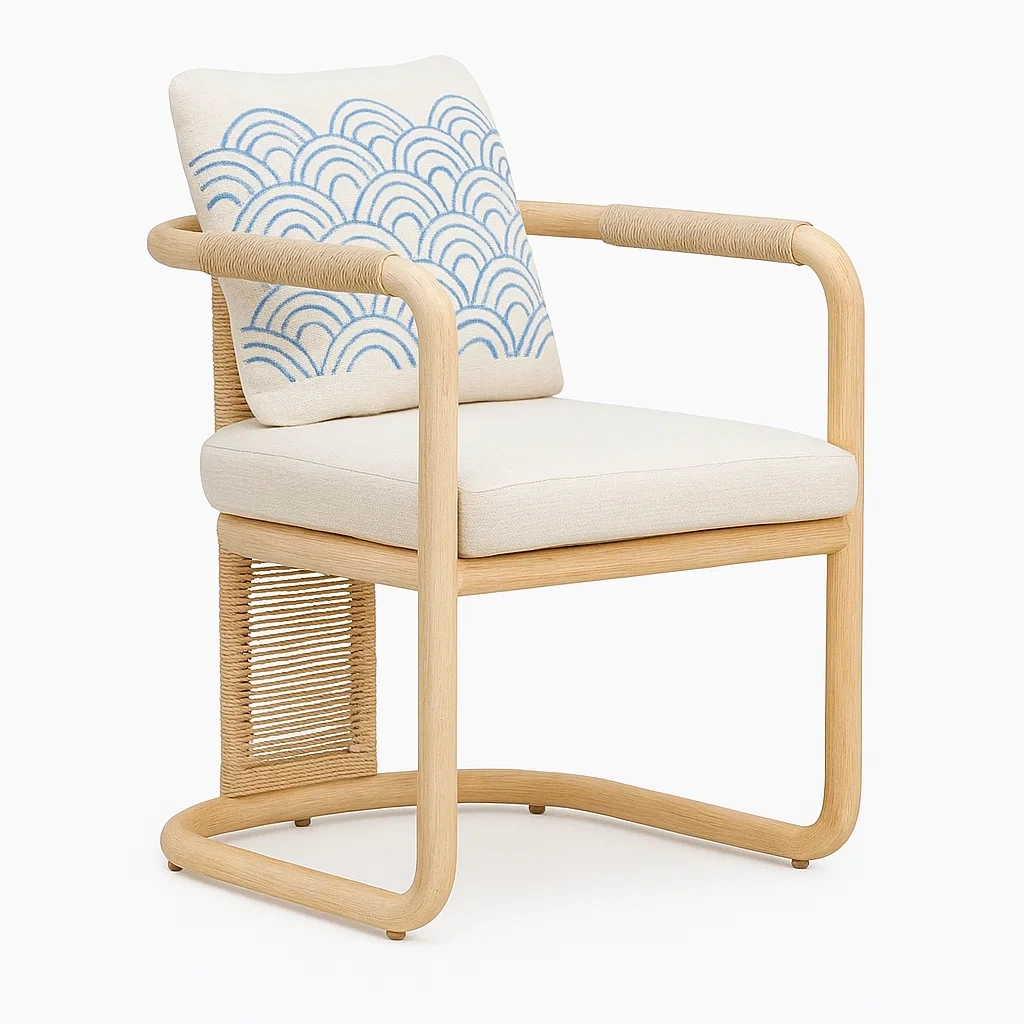 Sillón lounge Madera de roble con cojín de algodón beige y azul 80 cm x 60 cm x 60 cm