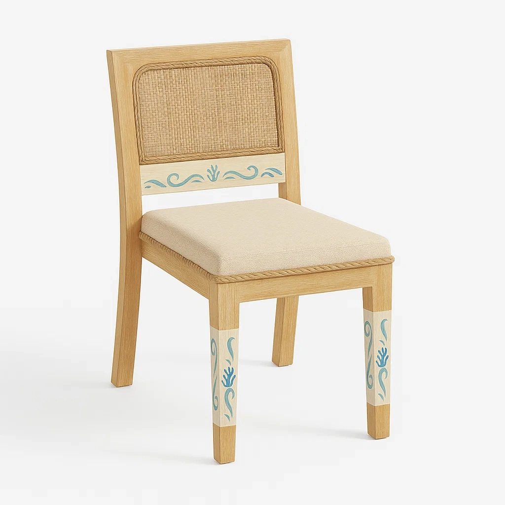 Silla de comedor Madera de roble con respaldo de ratán y detalles pintados beige/azul