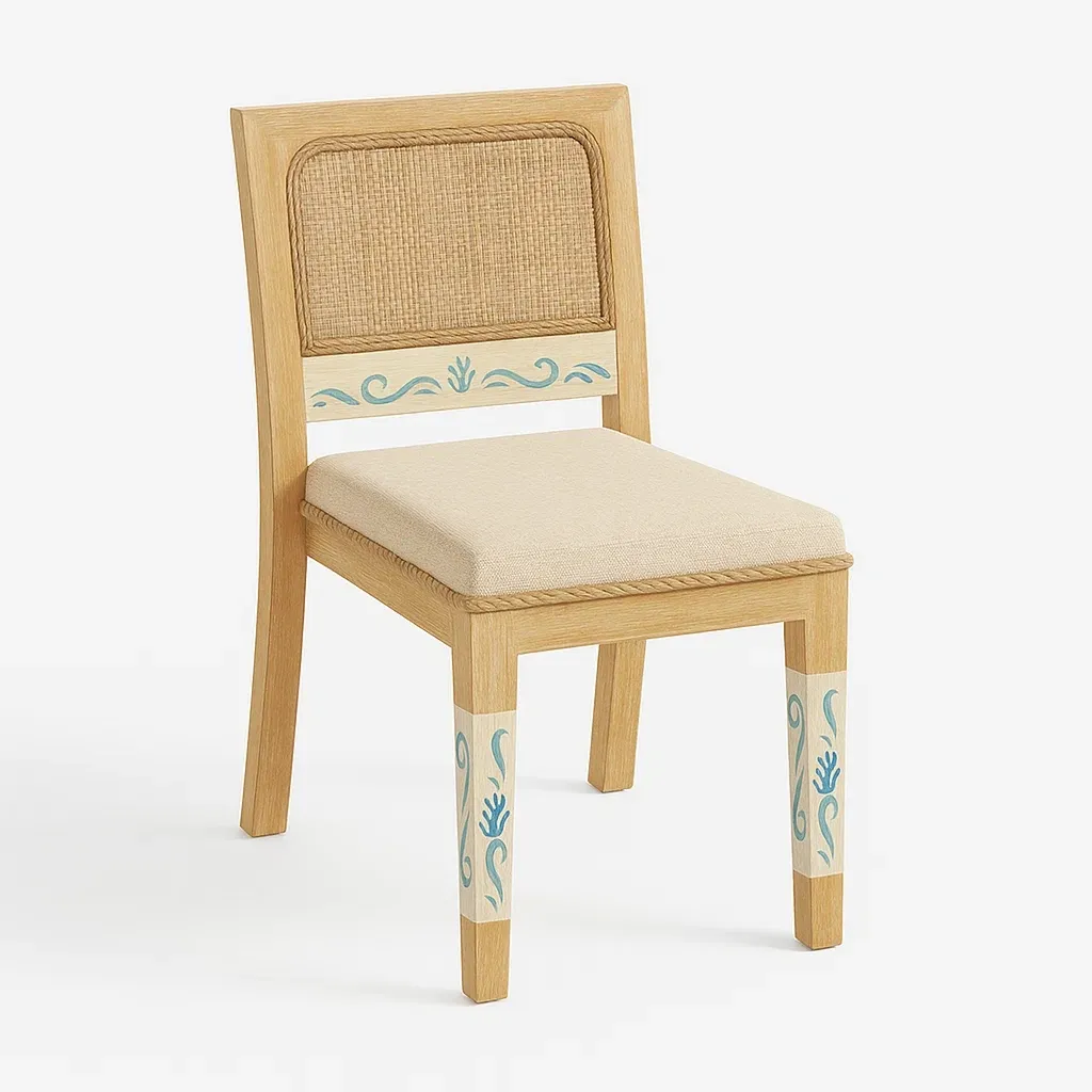 Silla de comedor Madera de roble con respaldo de ratán y detalles pintados beige/azul