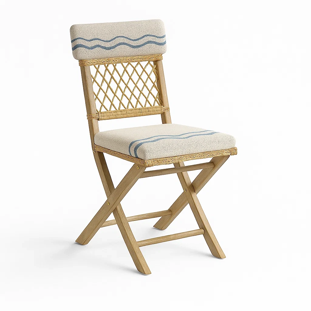 Silla de comedor exterior Plegable de madera con ratán y cojín crema/azul 90x45x50 cm