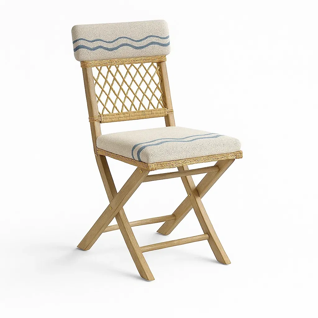 Silla de comedor exterior Plegable de madera con ratán y cojín crema/azul 90x45x50 cm