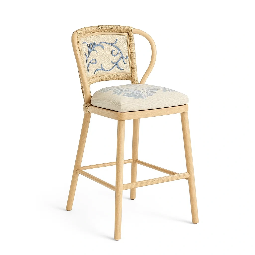 Taburete de bar Silla de madera con respaldo bordado y asiento tapizado crema 45x45x110 cm