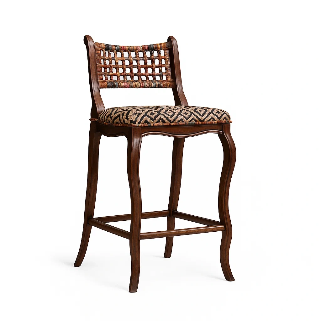 Taburete de bar Silla alta de madera con respaldo tejido y asiento tapizado geométrico