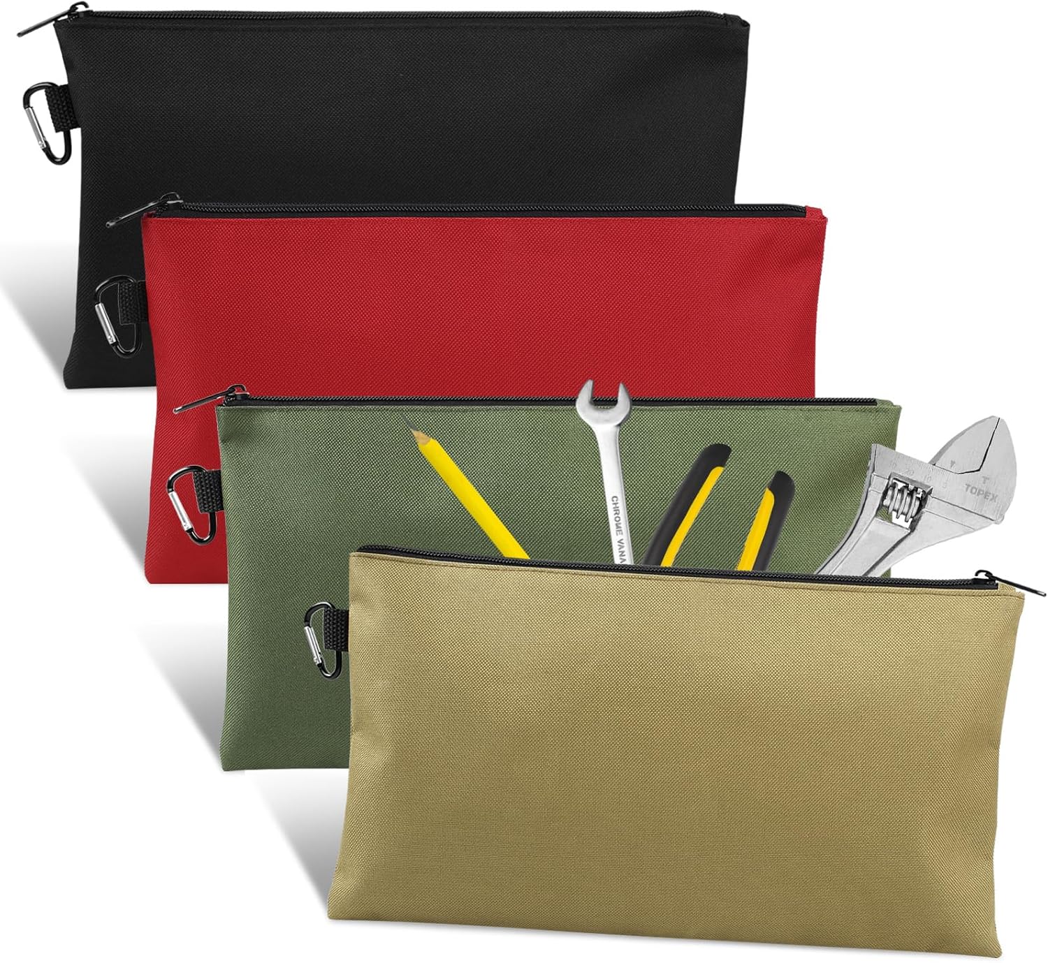 Brašna na nářadí se 4 kusy, prémiová brašna na nářadí se zipem, 12" brašna na nářadí se zipem, víceúčelová úložná brašna s karabinou na nářadí, kancelářské potřeby, pouzdro na tužky, gadgety, kosmetiku