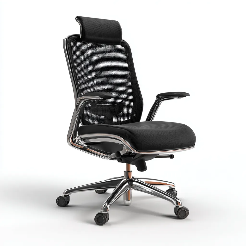 Bureaustoel mesh met hoofdsteun en chroom onderstel 70x66x115-125 cm - zwart-chroom - ergonomisch ademend ontwerp-Decoroliq