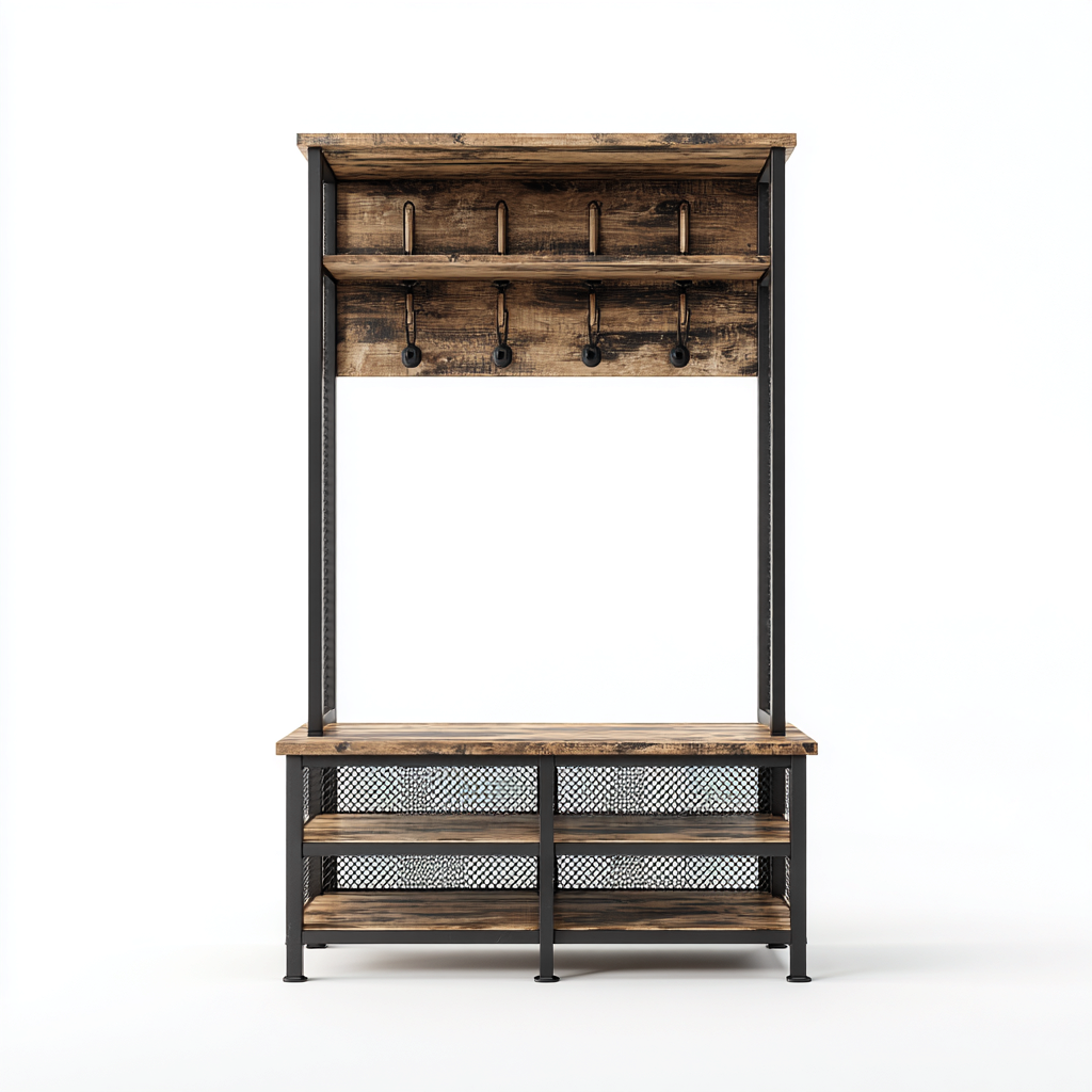 Kapstok metaal en verweerd hout 100x40x185 cm - met zitbank en schoenenrek - industrieel ontwerp-Decoroliq