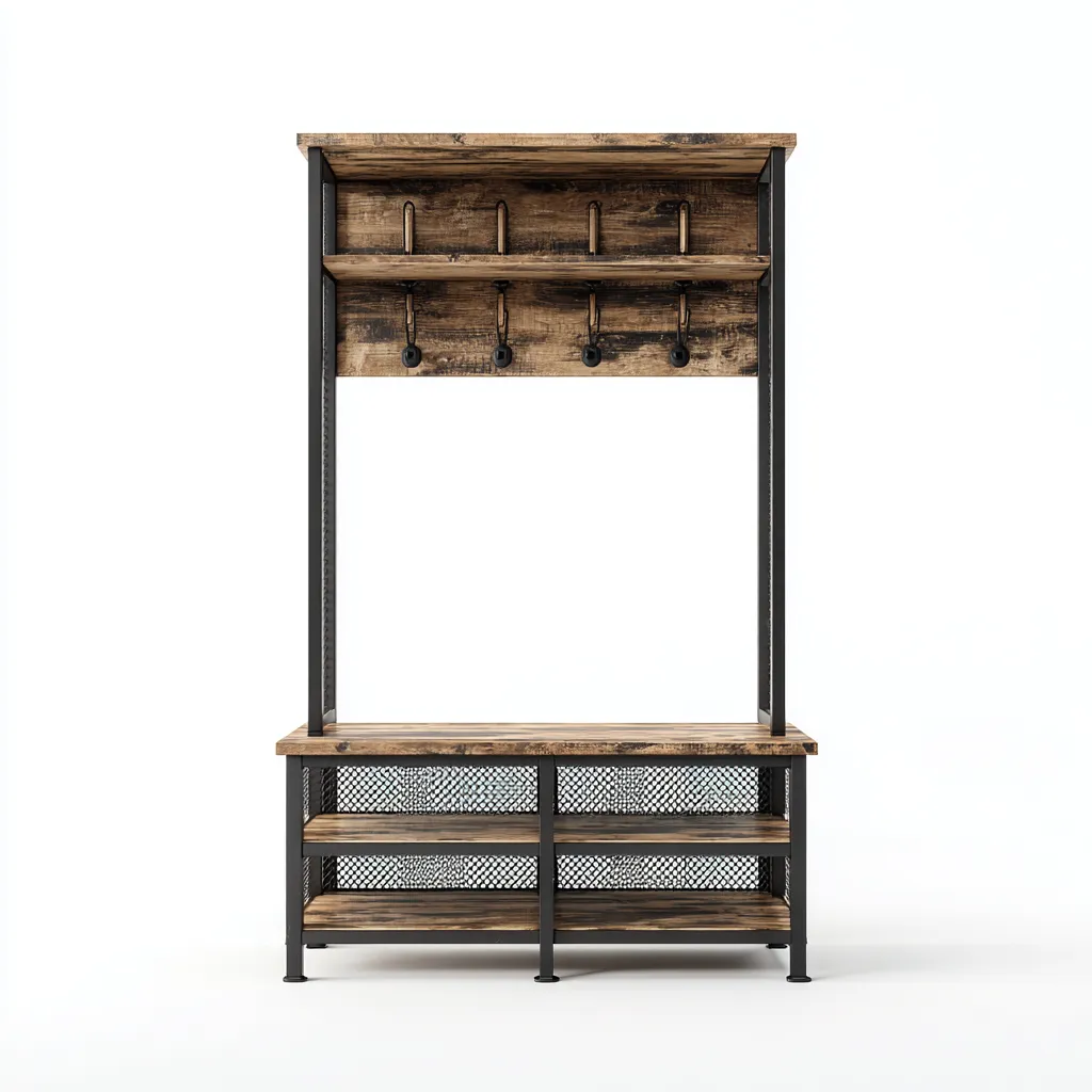 Kapstok metaal en verweerd hout 100x40x185 cm - met zitbank en schoenenrek - industrieel ontwerp-Decoroliq