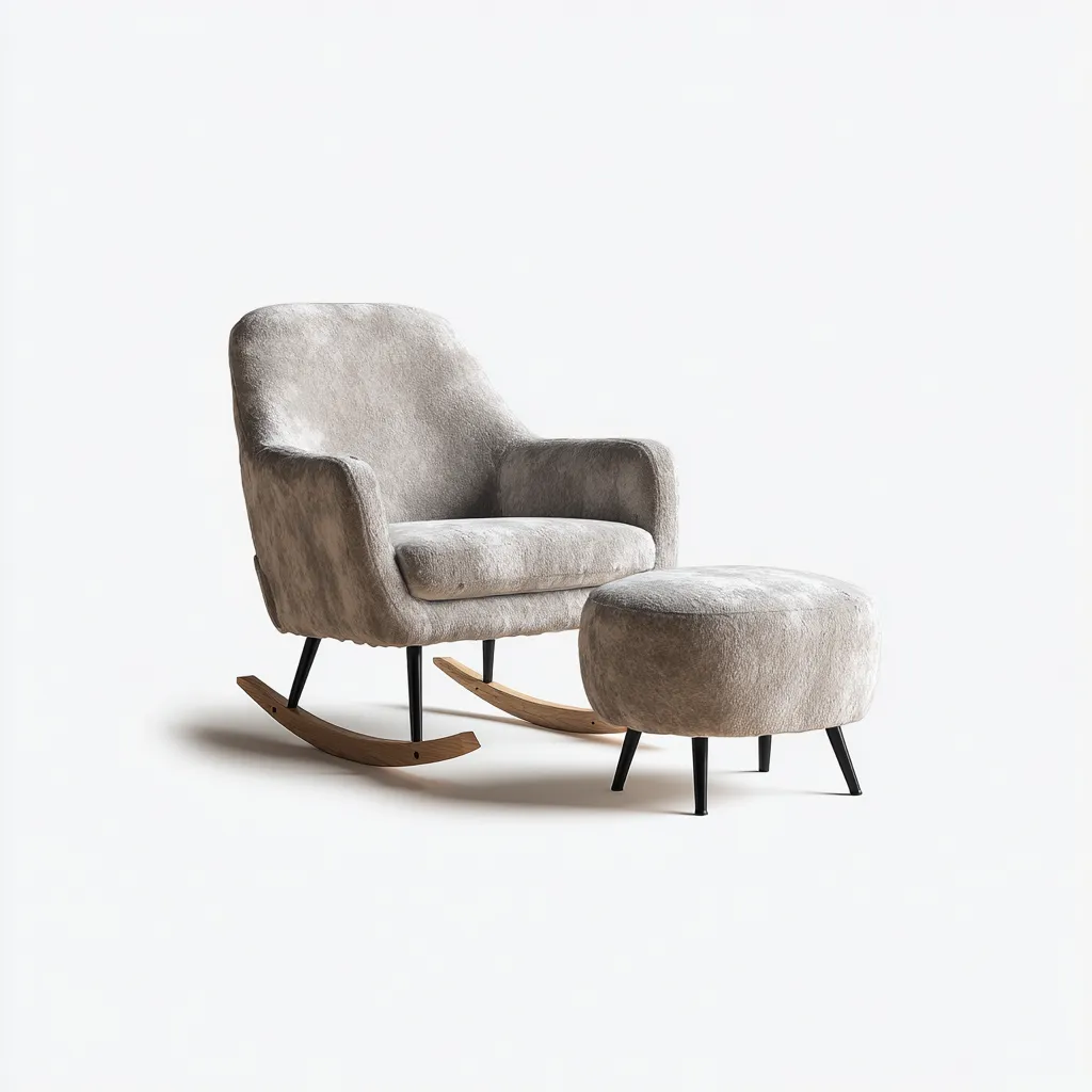 Schommelstoel met hocker stof en hout 95x80x100 cm - lichtgrijs-natuurlijk hout - modern comfortabel ontwerp-Decoroliq