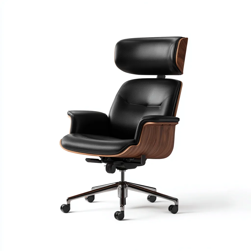 Bureaustoel leer met walnoothouten afwerking en hoofdsteun 70x68x115-125 cm - zwart - modern ontwerp-Decoroliq