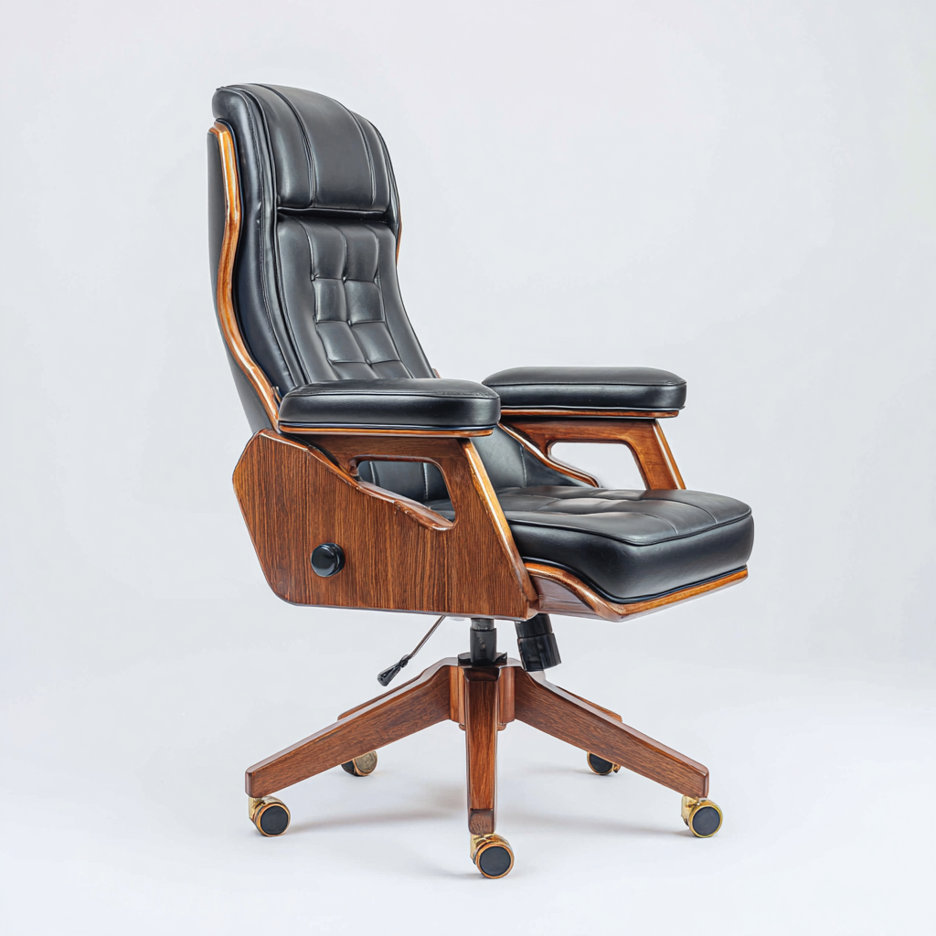 Bureaustoel leer met houten afwerking 70x68x110-120 cm - zwart-walnoot - klassiek ontwerp-Decoroliq