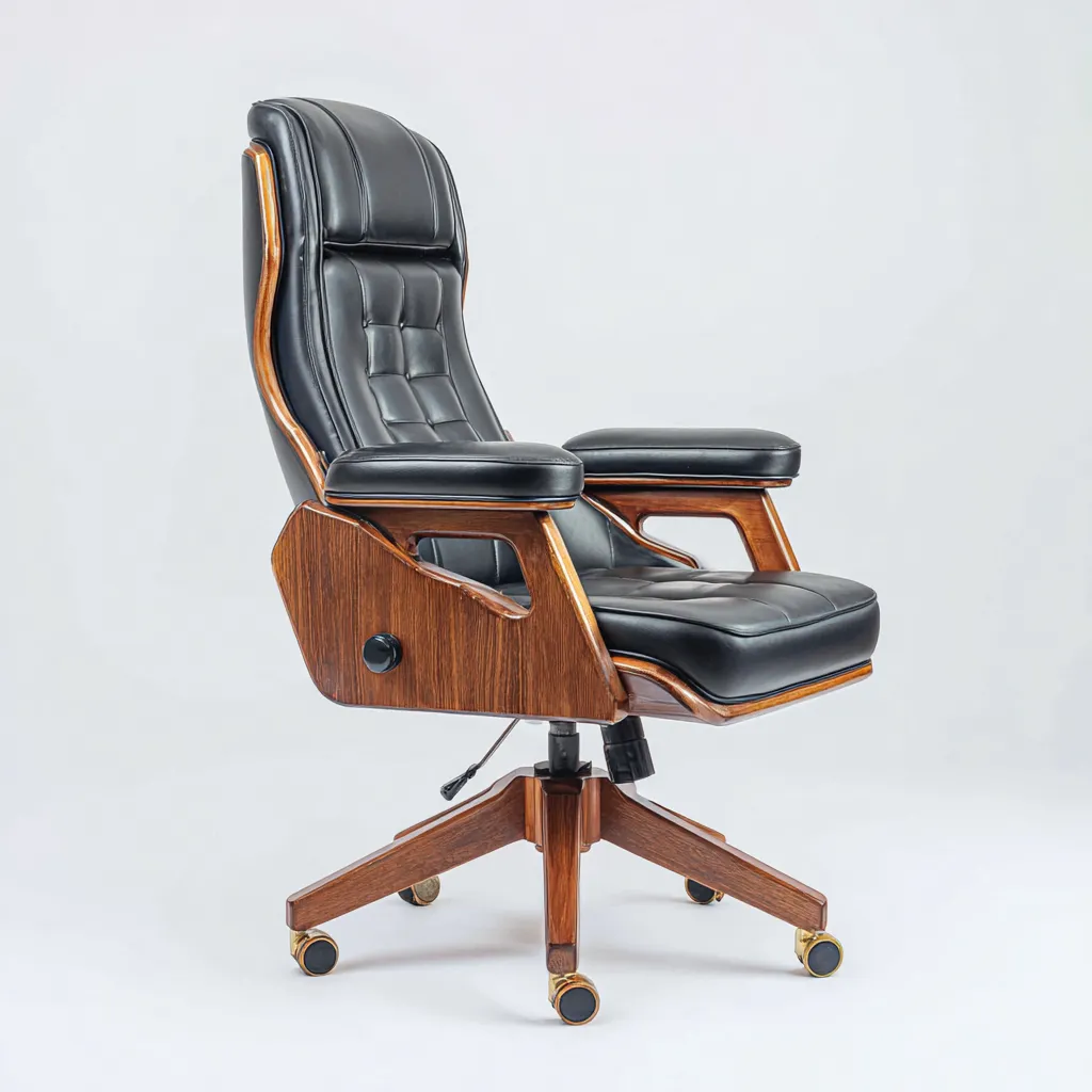 Bureaustoel leer met houten afwerking 70x68x110-120 cm - zwart-walnoot - klassiek ontwerp-Decoroliq