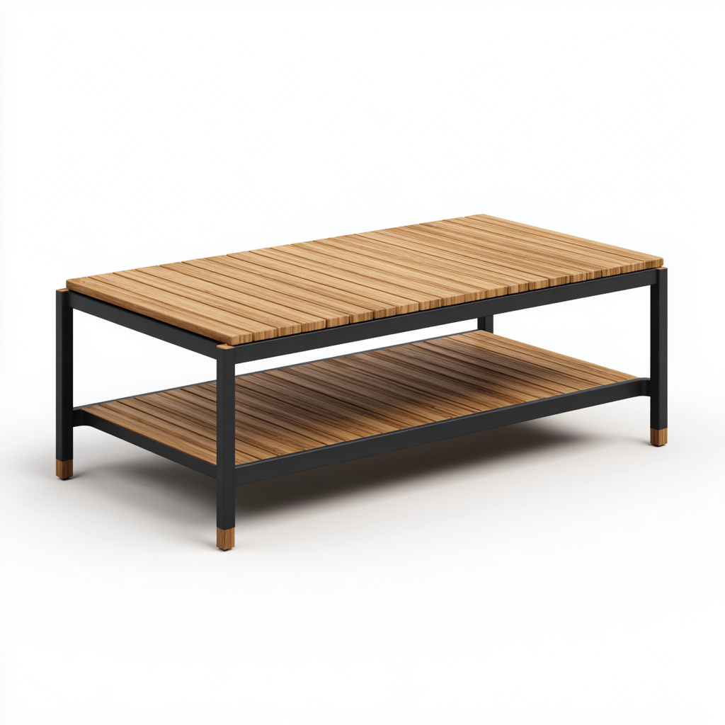 Tuintafel - aluminium frame en houten blad - 120x60x45 cm - zwart-natuurlijk - met opbergplank - geschikt voor buiten - modern ontwerp-Decoroliq