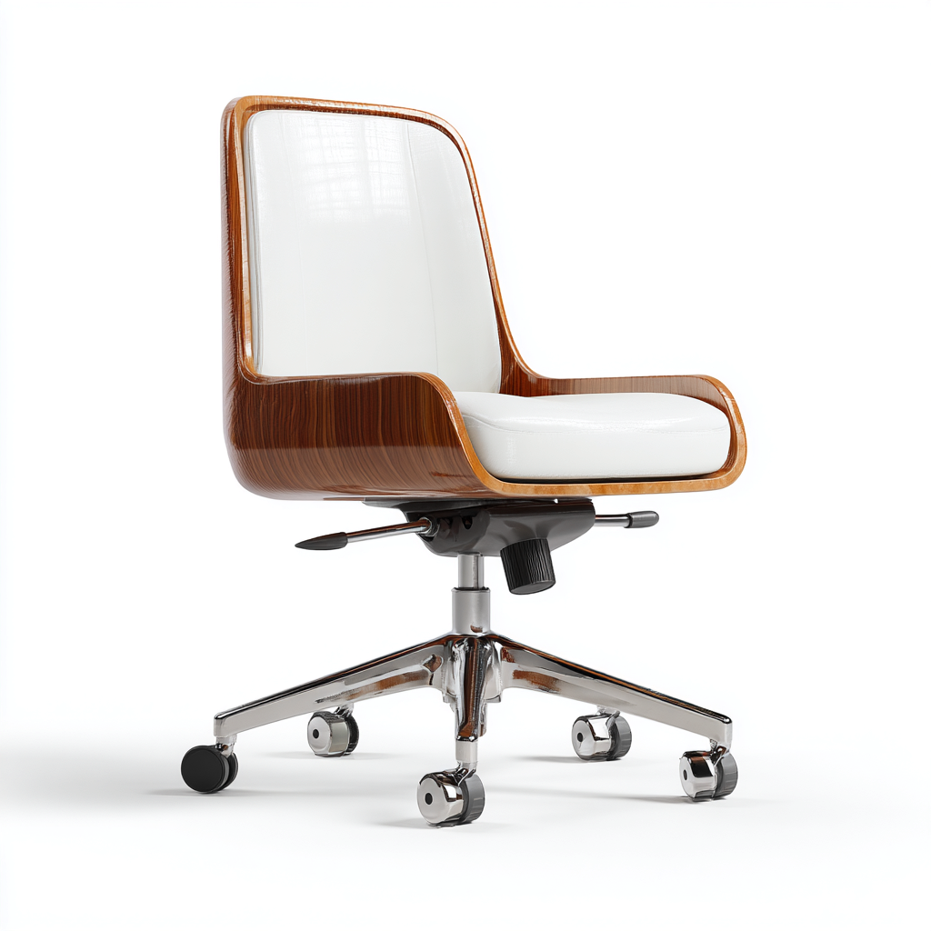 Bureaustoel leer met walnoothouten afwerking en metalen onderstel 66x64x90-100 cm - wit-walnoot-chroom - modern ontwerp-Decoroliq