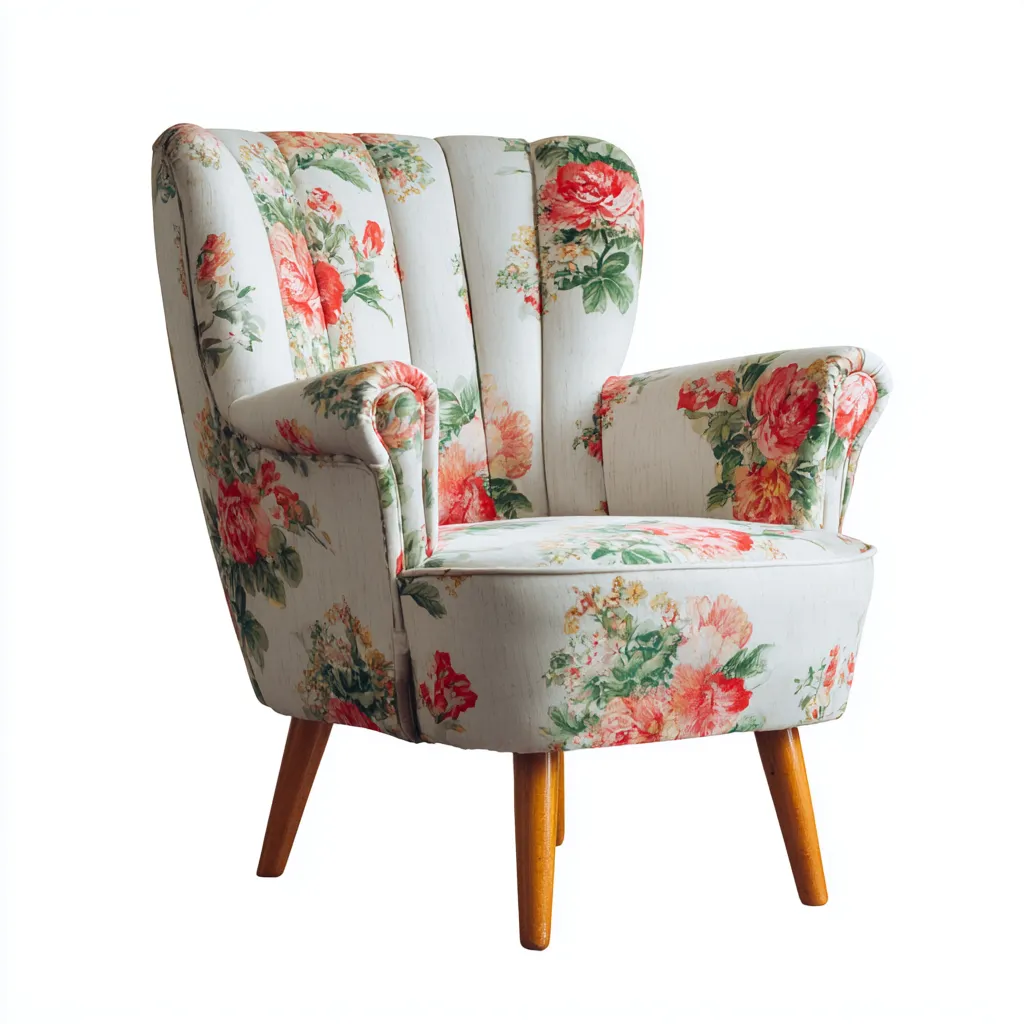 Fauteuil - stof en hout - 88x82x98 cm - wit-roze-groen - retro bloemmotief-Decoroliq