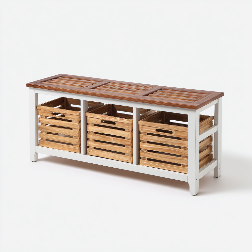 Schoenenbank hout en metaal - 110x35x50 cm - wit-naturel - met 3 opbergmanden en landelijk ontwerp-Decoroliq