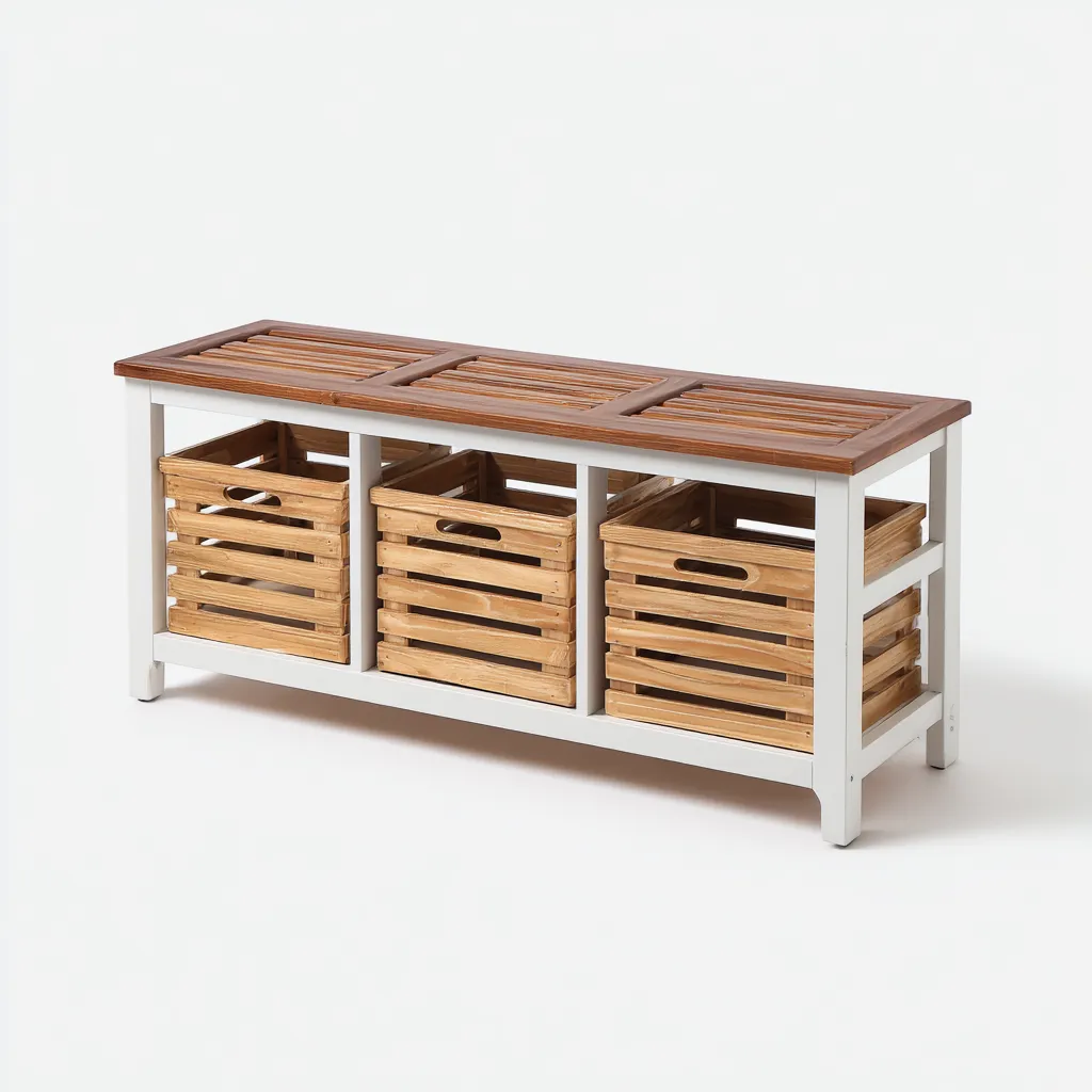 Schoenenbank hout en metaal - 110x35x50 cm - wit-naturel - met 3 opbergmanden en landelijk ontwerp-Decoroliq