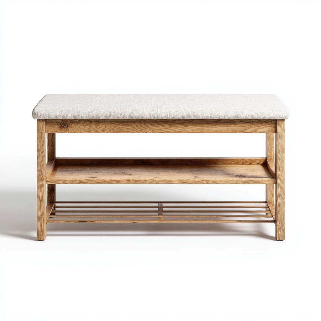 Schoenenbank hout en stof - 85x35x50 cm - eiken-beige - met zitkussen en dubbele opbergrekken-Decoroliq