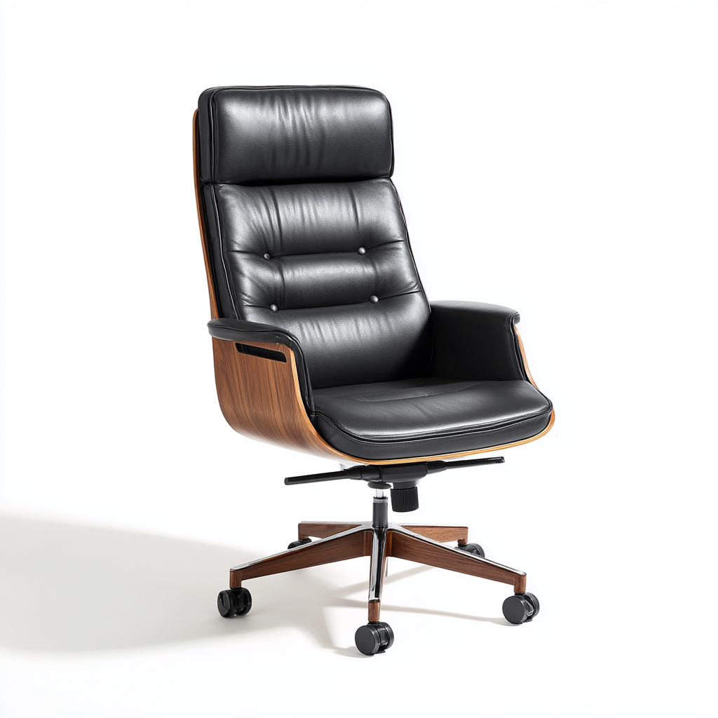 Bureaustoel hoog model leer met walnoothouten afwerking 70x68x115-125 cm - zwart-walnoot - modern ontwerp-Decoroliq