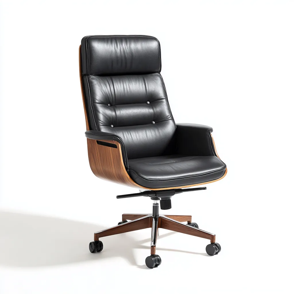 Bureaustoel hoog model leer met walnoothouten afwerking 70x68x115-125 cm - zwart-walnoot - modern ontwerp-Decoroliq