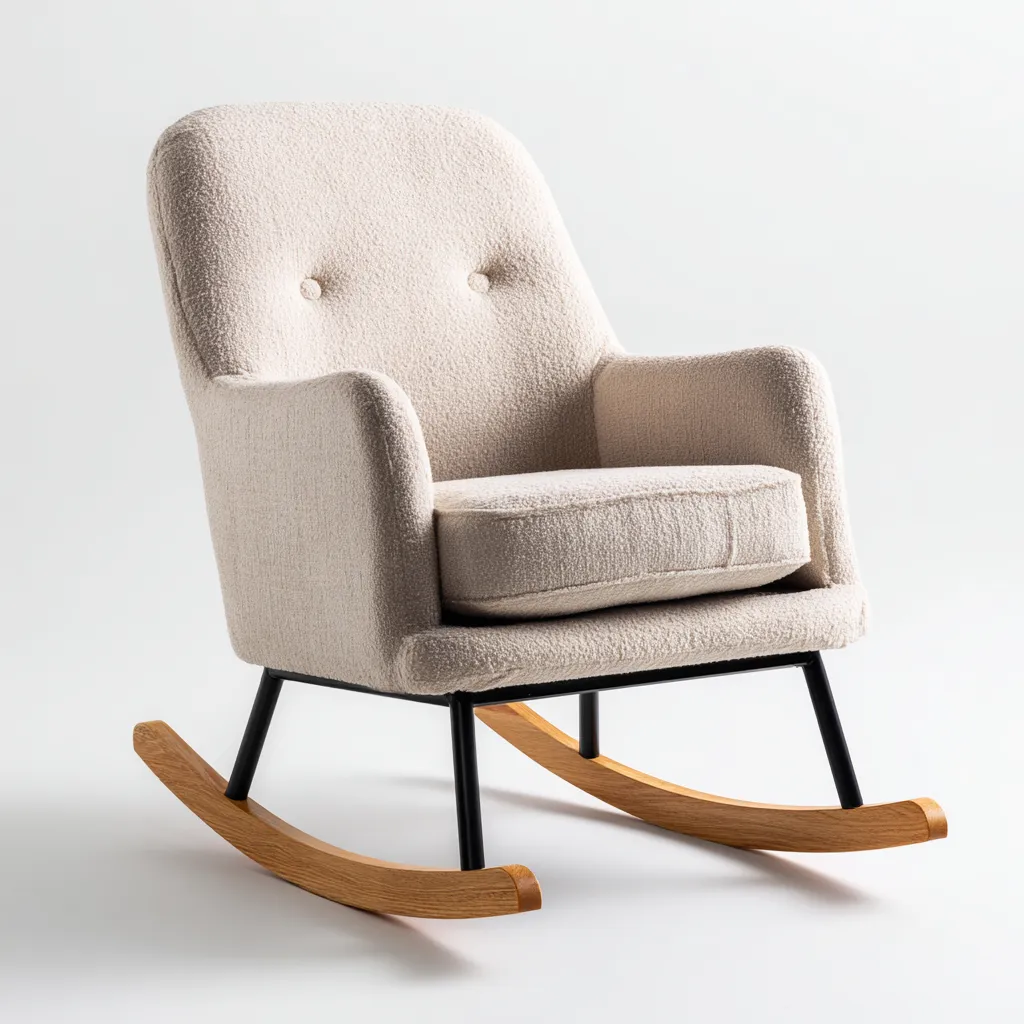 Schommelstoel pluche stof en hout 90x75x100 cm - beige-zwart-natuurlijk hout - modern Scandinavisch ontwerp-Decoroliq