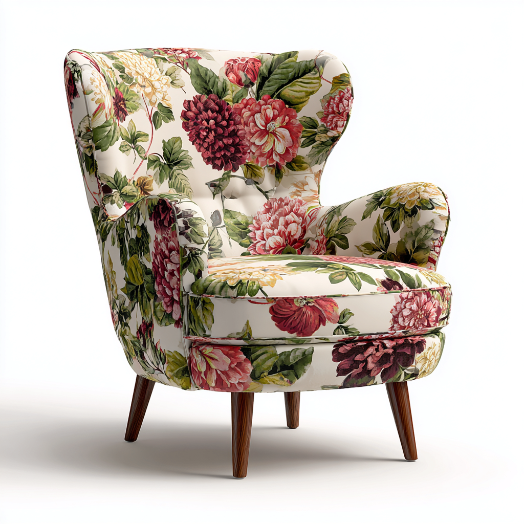 Fauteuil - stof en hout - 90x83x100 cm - wit-rood-groen-geel - vintage bloemmotief-Decoroliq