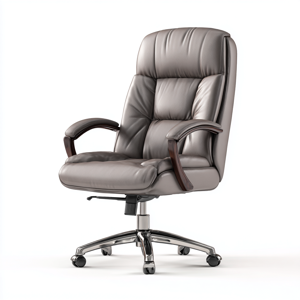 Bureaustoel leer met houten armleuningen en metalen onderstel 70x68x110-120 cm - grijs-walnoot-chroom - ergonomisch ontwerp-Decoroliq