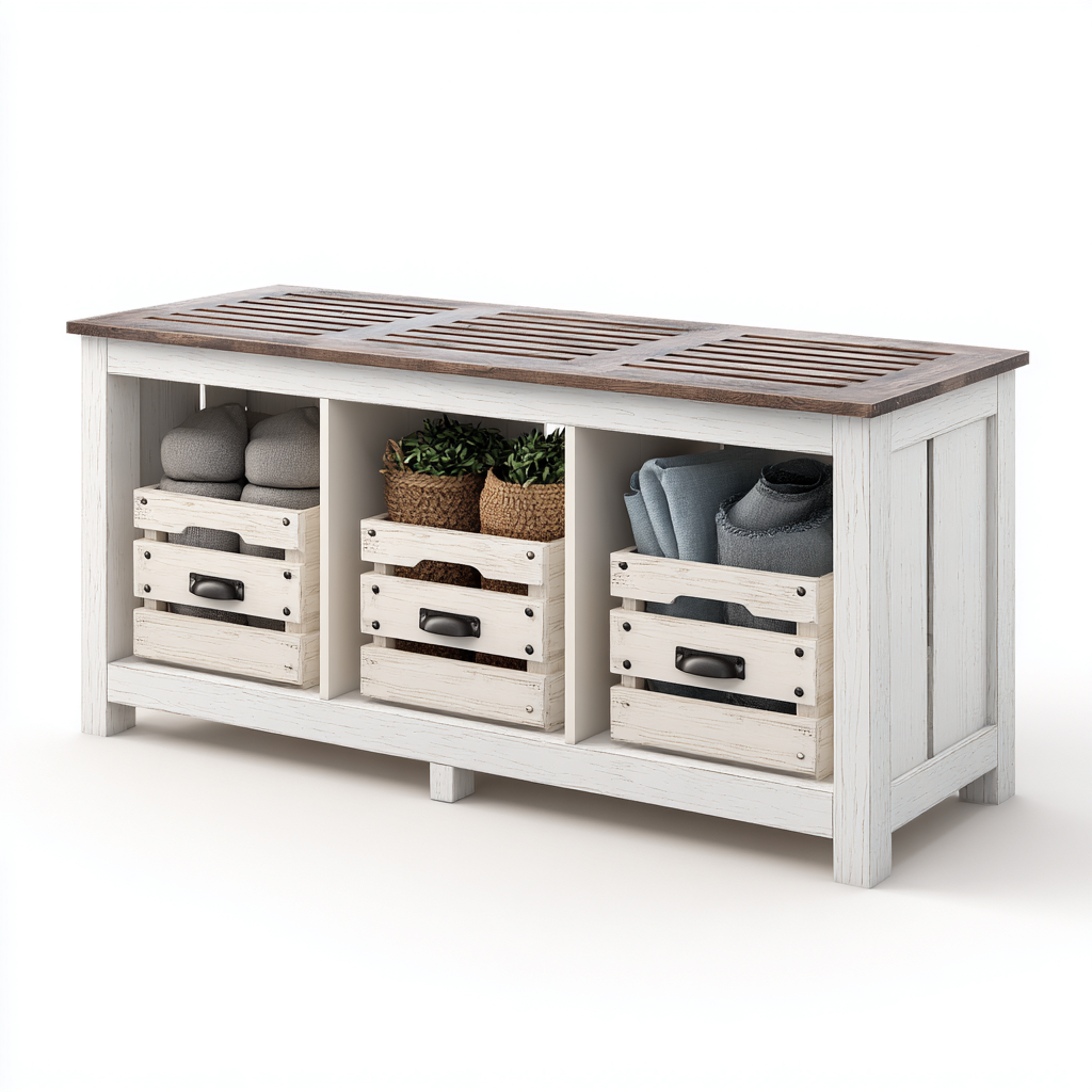 Schoenenbank hout - 110x35x50 cm - wit-bruin - met 3 opbergmanden en vintage ontwerp-Decoroliq