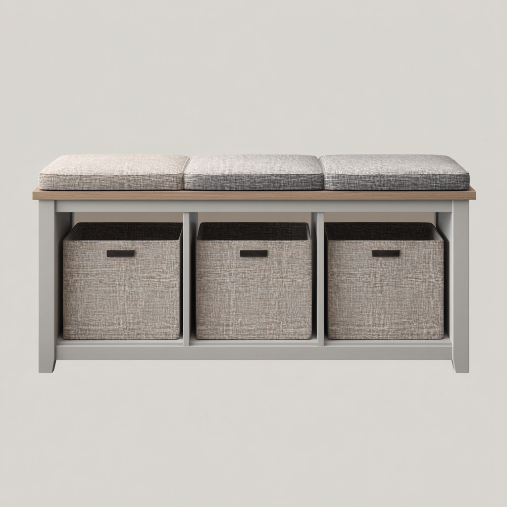 Schoenenbank hout en stof - 100x35x50 cm - wit-beige-grijs - met zitkussens en opbergmanden-Decoroliq