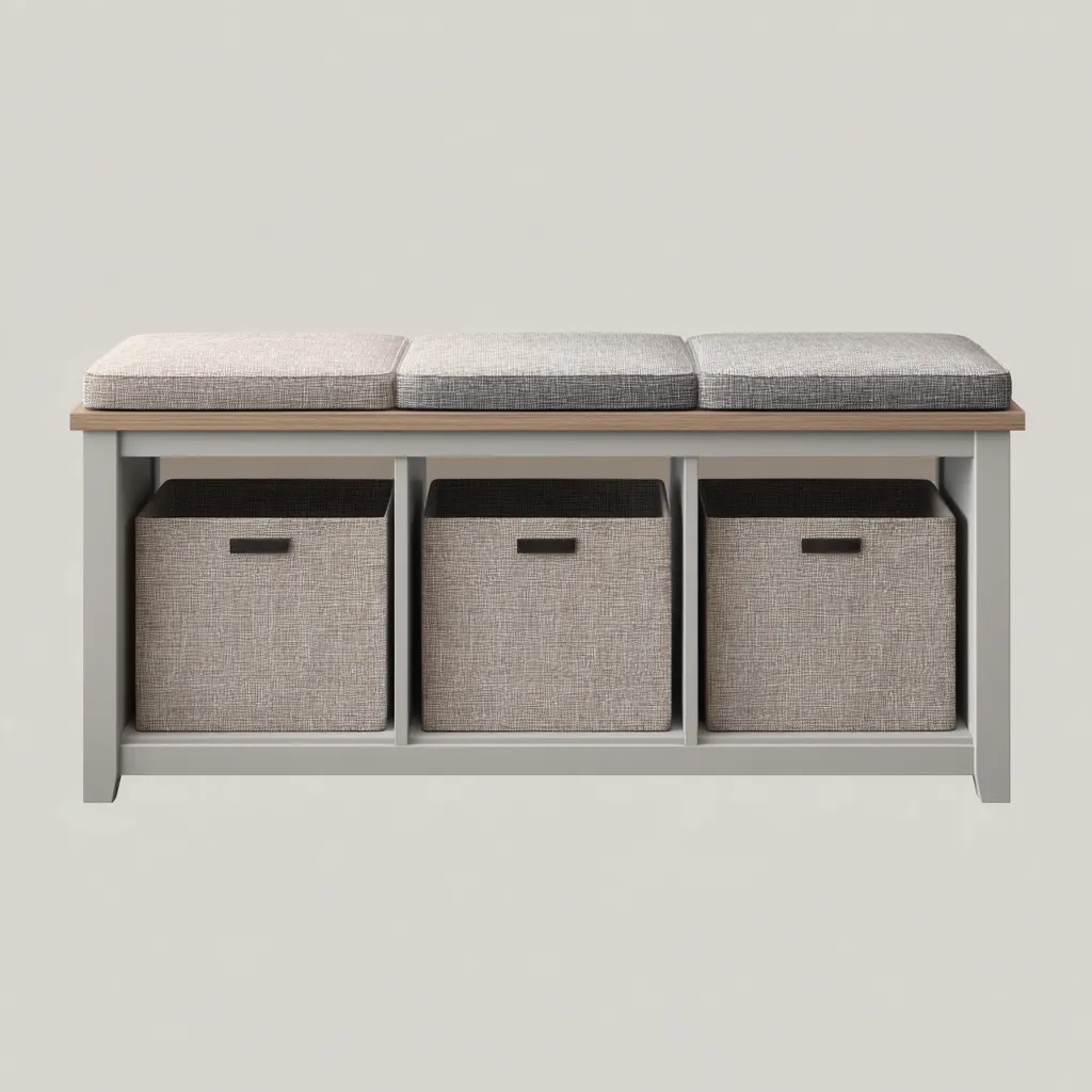 Schoenenbank hout en stof - 100x35x50 cm - wit-beige-grijs - met zitkussens en opbergmanden-Decoroliq