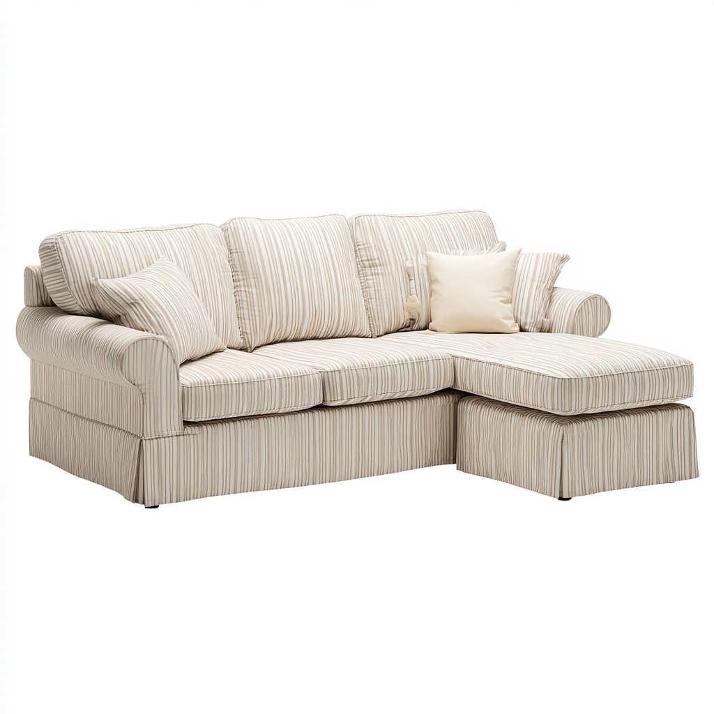 Hoekbank katoen 260x165x85 cm - beige-wit gestreept - klassieke hoekbank met chaise longue en gewatteerde kussens-Decoroliq