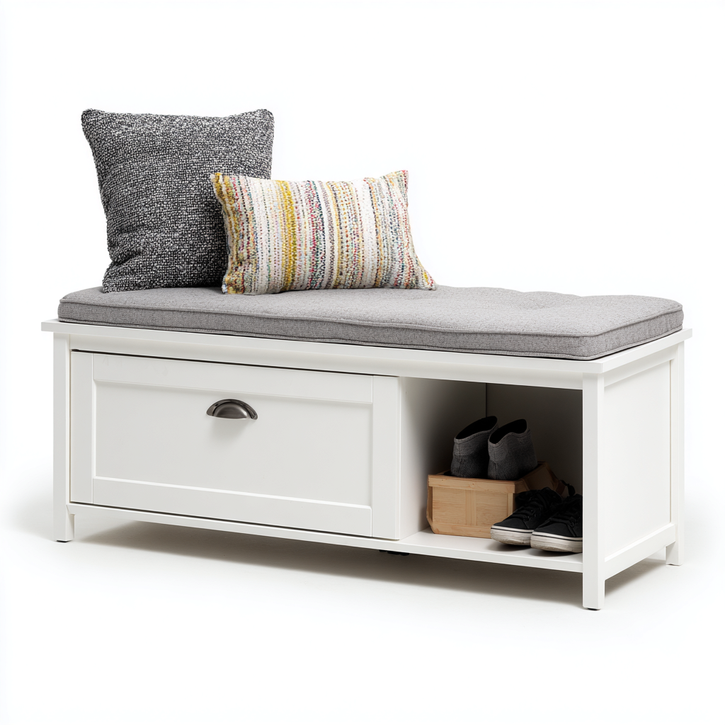 Schoenenbank hout en stof - 90x35x50 cm - wit-grijs - met lade en open vak-Decoroliq