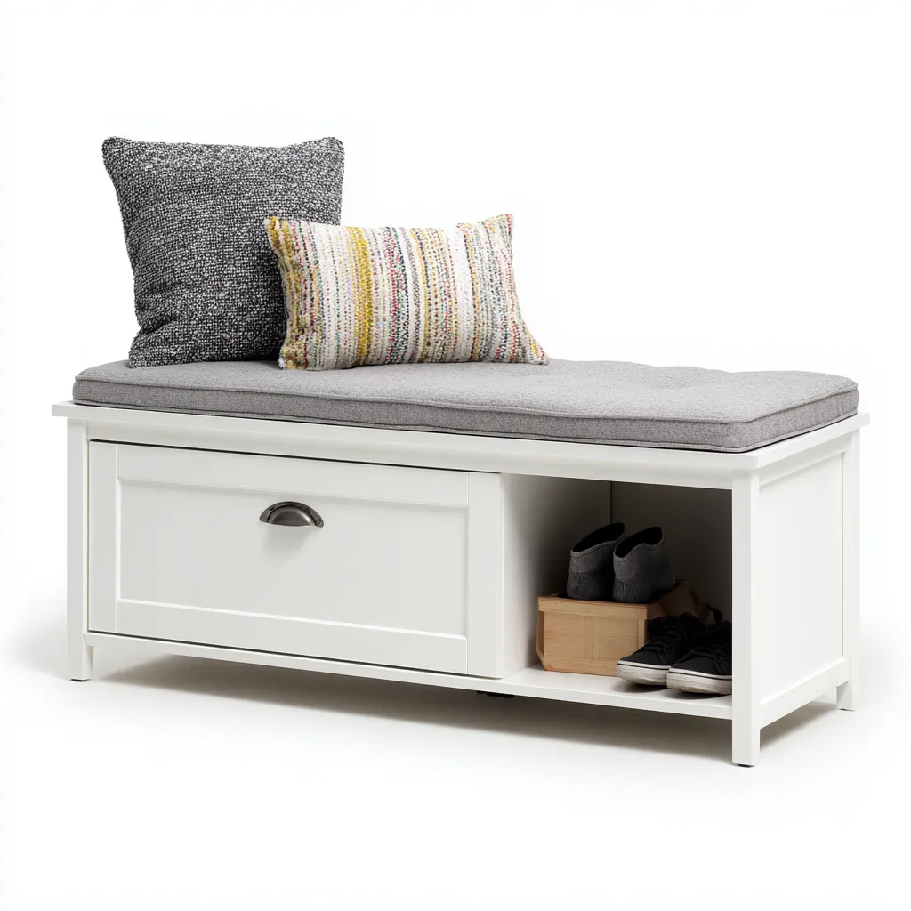 Schoenenbank hout en stof - 90x35x50 cm - wit-grijs - met lade en open vak-Decoroliq