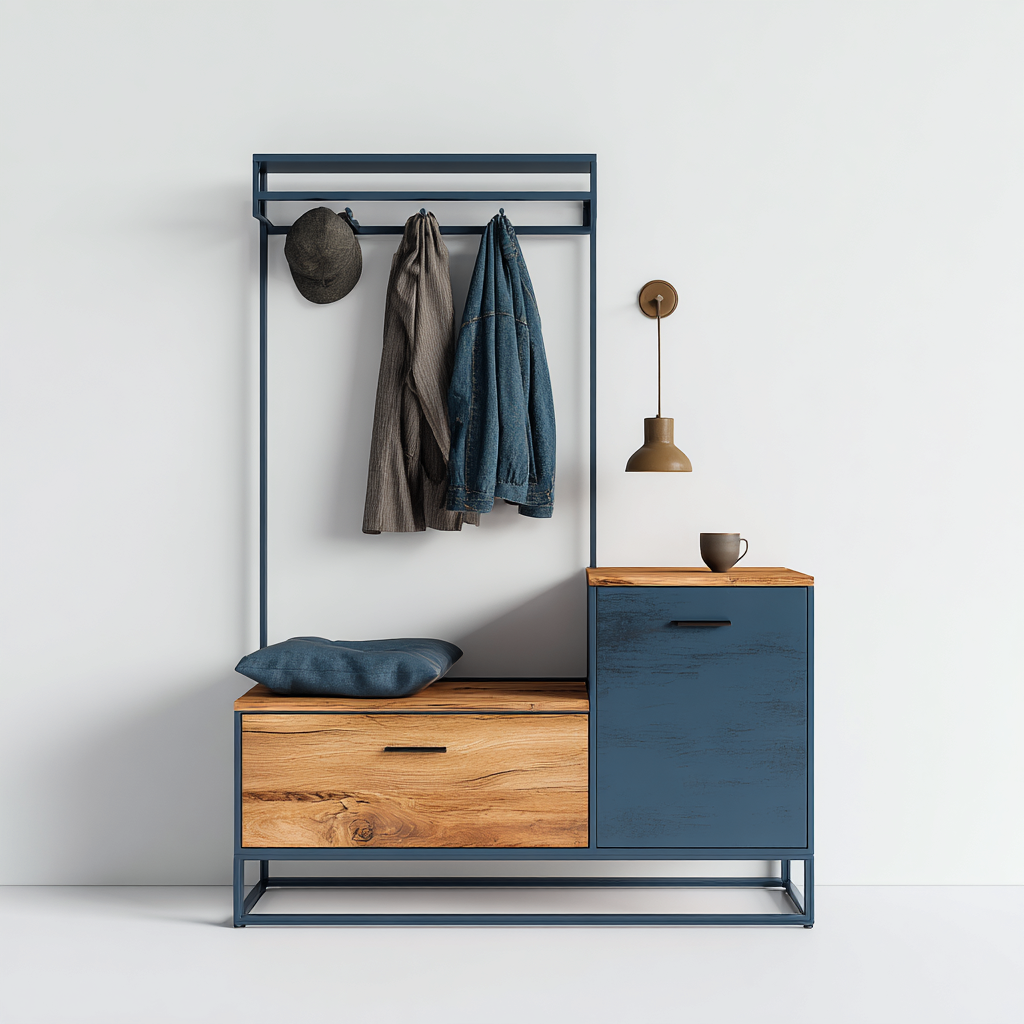 Kapstok hout en metaal - 100x40x185 cm - blauw-natuur - met zitbank en opbergkast-Decoroliq